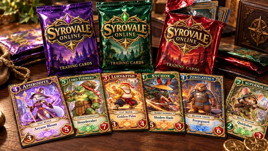 Syrovale Online trading card booster packs in purple, green and red foil, with hero cards for Aphrodite, LordTurmeric, Lurv&Fish, SychoX, ZeroLatency and SuperMik33