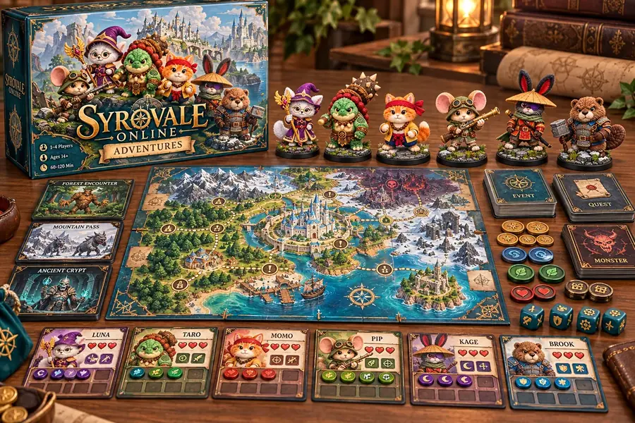 Syrovale Online: Adventures board game with box, map board, six hero miniatures, hero cards, card decks, tokens and dice